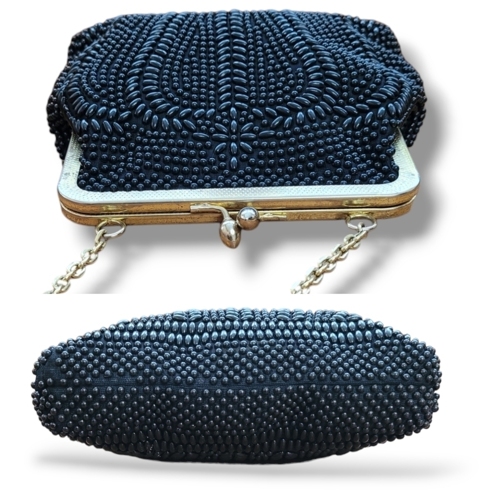 Vintage 1950s Black Beaded Evening Bag | Kiss Lock Frame Purse - Picture 3 of 7